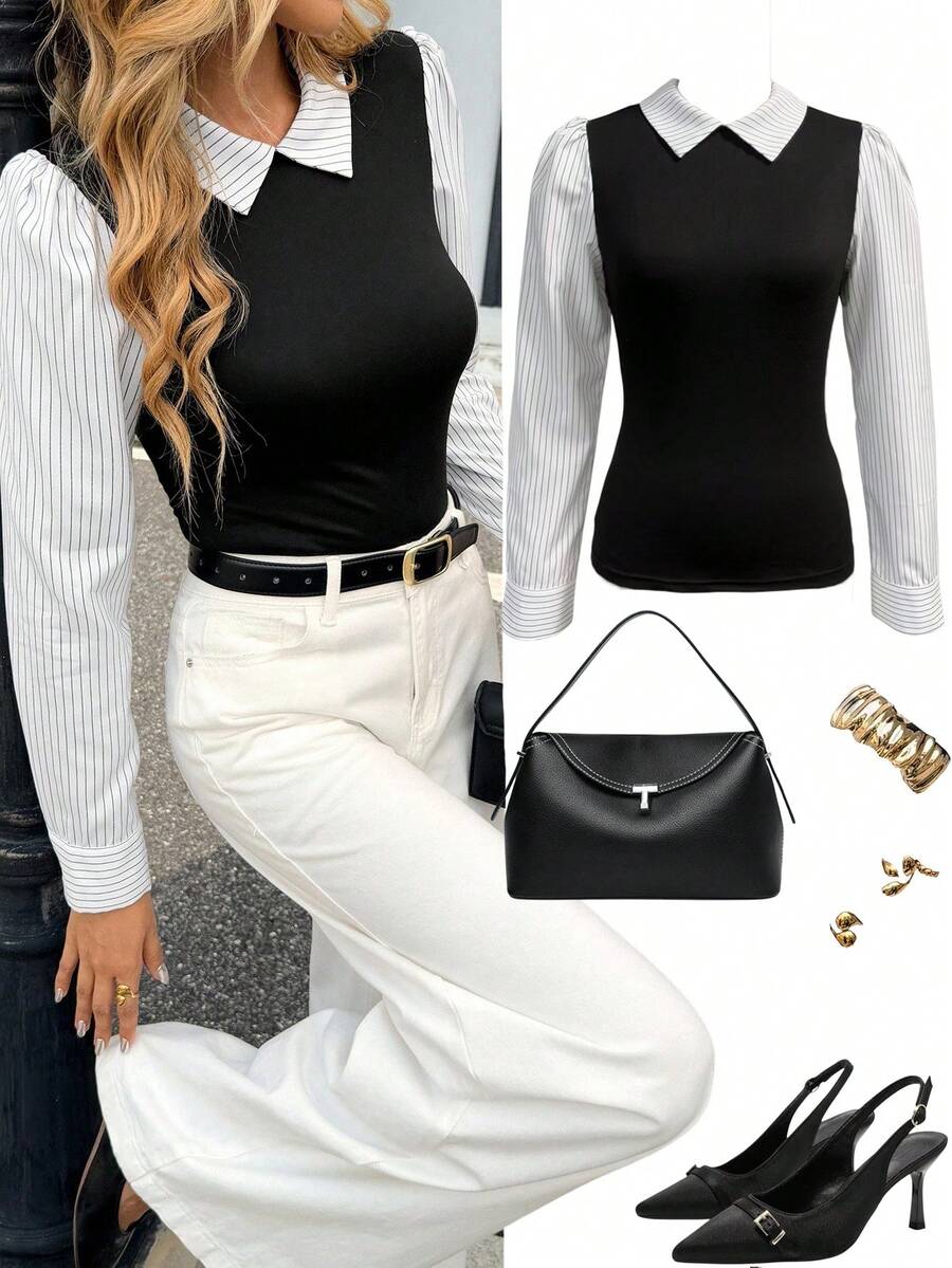 Pariaura Camiseta de manga larga a rayas con parches y cuello casual para mujer, otoño