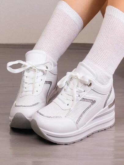 Zapatillas de cuña con suela gruesa suave, nuevos zapatos deportivos de malla transpirable para primavera y verano 2024, zapatos casuales deportivos para mujer para festivales de música, festivales Y2K, regreso a la escuela, otoño, Halloween, invierno