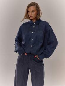 MUSERA Suede Drop Shoulder Seam Detail Popper Through Shirt Everyday Cosy Going Out Fall Autumn Winter Blue Elegant