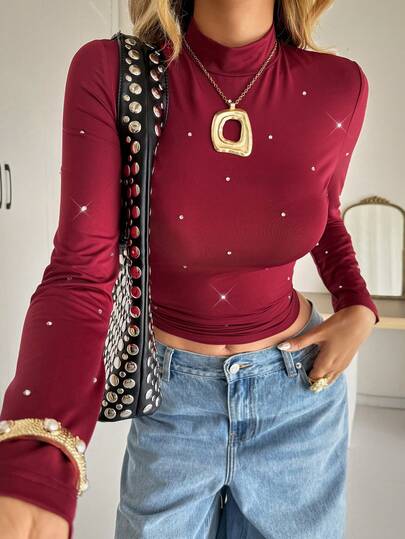 Siren Gaze Women's Stand Collar Raglan Long Sleeve Fitted Shiny T-Shirt Winter Christmas Red