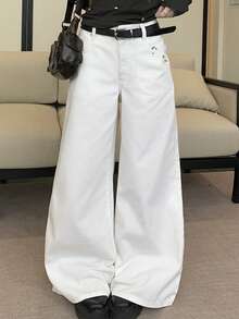 DAZY Quần jeans ống rộng khoét lỗ kim loại thời trang đường phố dành cho nữ, mùa thu - trắng - Xem 7