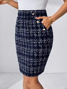 SHEIN Clasi Váy hè khóa kim loại bỏ túi hương thơm giả thanh lịch dành cho nữ, thích hợp mặc đi làm và thường ngày - Màu xanh hải quân - Xem 5