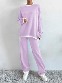 SHEIN LUNE 女士秋冬撞色圆领落肩长袖毛衣和针织裤休闲两件套 - 彩色 - 查看 4