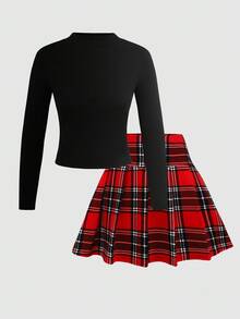 SHEIN Teen Girl Elegant Casual Mock Neck Long Sleeve T-Shirt And Plaid Pleated A-Line Skirt Set - Multicolor - View 5