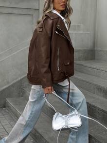 Aveloria Modichic Fashionable PU Leather Motorcycle Jacket For Women, New Slim Fit Stand Collar Long Sleeve Short Bomber Coat, Spring & Autumn  - Coffee Brown - View 6