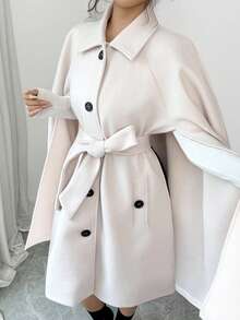Rafferiza Women's Elegant Turndown Collar Contrast Color Cape-Style Woolen Cloak, Mid-Length, Autumn/Winter - Beige - View 2