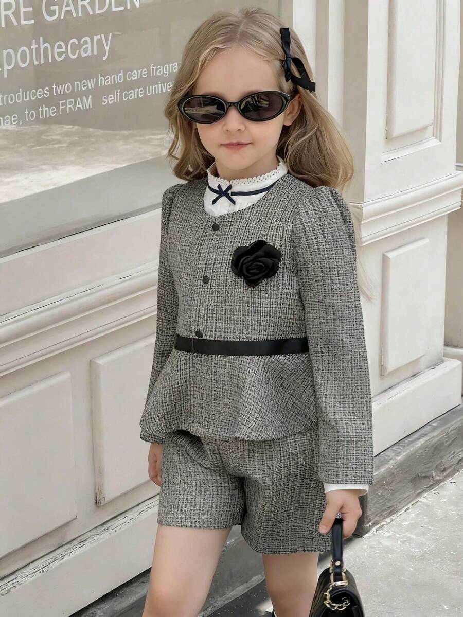 Elladie kids 2 件套年轻女孩优雅拼色泡泡袖花卉提花拼接荷叶边下摆夹克和短裤套装，适合春秋季 - 黑與白 - 查看 1