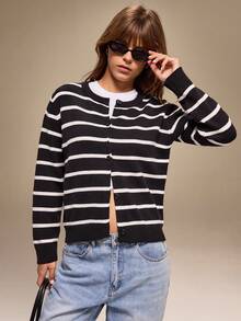 Hanevo 女式条纹休闲针织上衣，时尚设计，秋冬 - 黑與白 - 查看 6