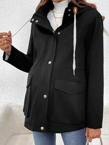 SHEIN 孕妇简约纯色前拉链连帽休闲，连帽休闲夹克