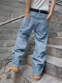 Manfinity EMRG Men's Casual Loose Fit Jeans With Side Pockets, Street Style Baggy Jeans Y2k Men