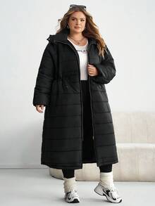 SHEIN CURVE+ Abrigo largo con capucha grueso de invierno para tallas grandes Shine Curve - Negro - Ver 3