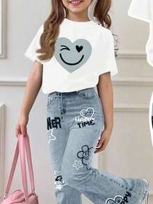 SHEIN 2pcs/Set Young Girl Casual Loose Heart & Face Graffiti Print Short Sleeve Round Neck T-Shirt And Flare Pants, Suitable For Summer, Suitable For Home, Outing, Street Photography, Campus - Multicolor - View 3