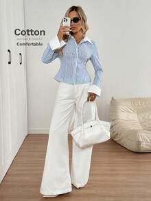 SHEIN LUNE 领口拼色褶饰腰部修身长袖衬衫，编织条纹休闲宽松优雅办公室女士风格