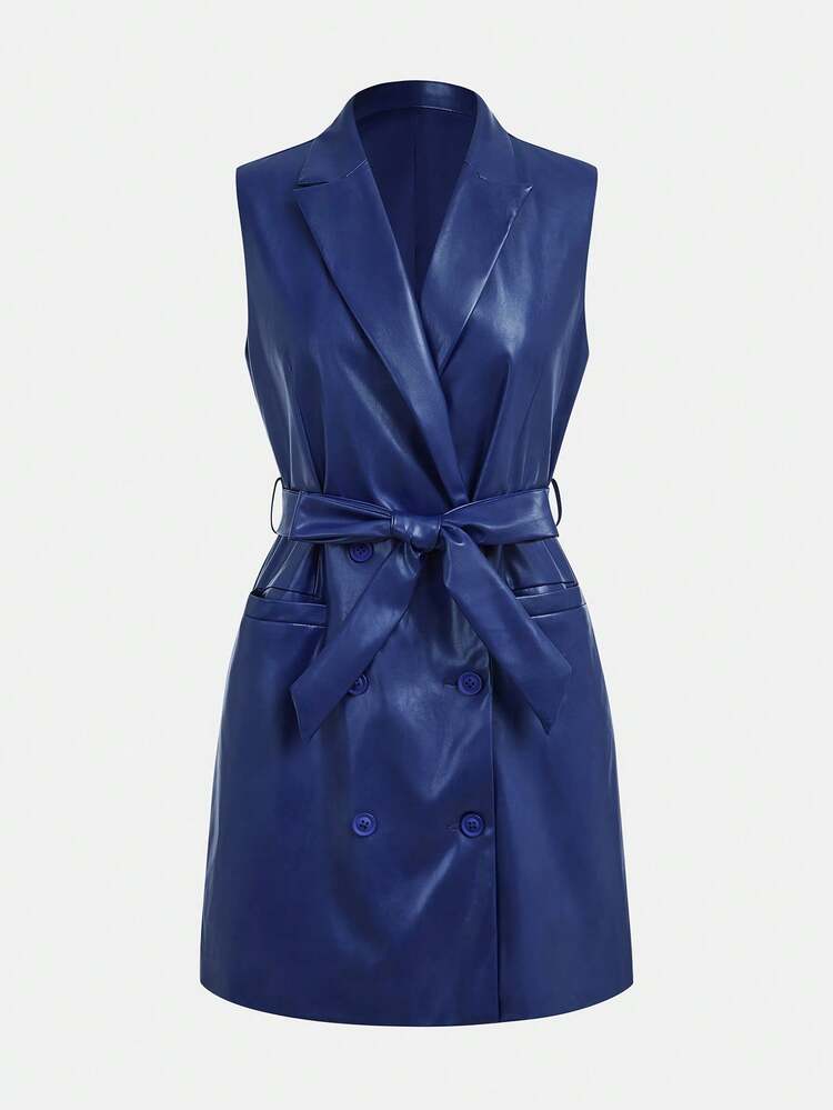 SHEIN Maija Women's Casual Lapel Neck Double-Breasted Sleeveless Dress, Autumn