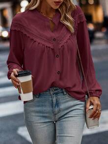 SHEIN LUNE Plus Size Casual & Work Solid Color Lace Trim Blouse - Burgundy - View 3
