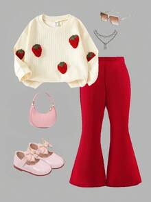 SHEIN Playful Pals Kleine Mädchen Lässig Süß Erdbeere Dekor Jacquard Strickoberteil und Kord Weite Hose Set, süß und niedlich, Herbst/Winter - Rot - Übersicht 5