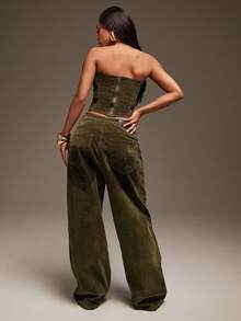 Denimoi 水洗牛仔布天鹅绒效果直筒宽松牛仔裤 - 軍綠色 - 查看 4