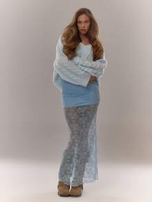 MUSERA Lace Overlay Maxi Skirt Going Out Everyday  Blue Summer - Blue - View 5