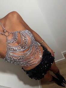 EgrlEra 女士金属吊带露背上衣，金属摇滚朋克风格，适合音乐节和派对穿着 - 銀色 - 查看 3