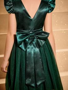 女孩优雅奢华圣诞绿色 V 领连衣裙，搭配分层薄纱和蝴蝶结后背，适合晚会、婚礼、舞会、万圣节、感恩节、毕业典礼 - 墨綠色 - 查看 4