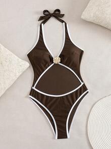 Swim SXY Damen Strand Musik Festival Frühling/Sommer Metallschmuck farbblockierter High-Cut Neckholder Badeanzug - Braun - Übersicht 6