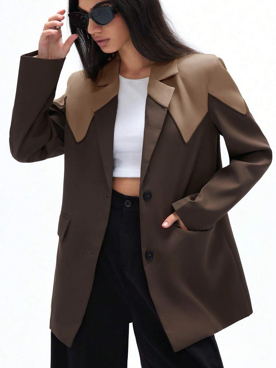 GENKIRA 女式现代设计拼色翻领拼布解构休闲长袖西装外套 - 卡其色 - 查看 1