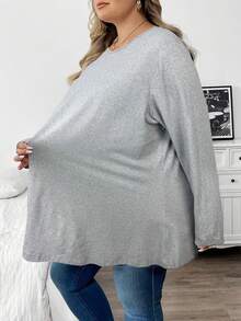 SHEIN CURVE+ 秋季大码纯色休闲长袖T恤 - 灰色 - 查看 3