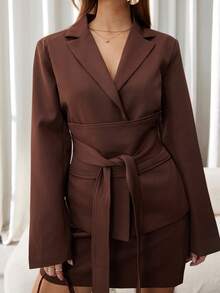 Chiquease Costum elegant pentru femei, culoare solidă, cu rever, mânecă lungă, cu nod în talie, sacou și fustă midi, toamnă - Maro - Vizualizare 11