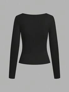 SHEIN EZwear Bộ 2 áo thun dài tay cổ vuông ôm vừa vặn, thích hợp cho mùa thu/đông - màu đen - Xem 6