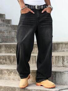 Manfinity ZONE917 Men's Loose Fit Embroidered Design Black Wide Leg Jeans, Versatile For All Seasons Streetwear Men Pants - Black - View 3