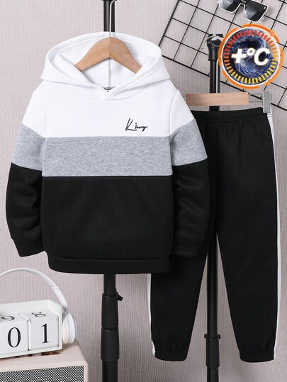 SHEIN 2 pièces Tenues pour jeunes garçons - Ensemble sweat-shirt à capuche matelassé et pantalon de jogging, polyvalent pour l'école, décontracté, sport, déplacement, automne et hiver