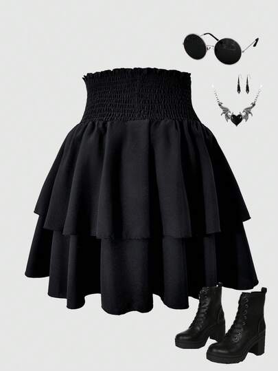 SHEIN 少女荷叶边层叠褶边裙