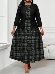 SHEIN Lady New Year Elegant Thanksgiving New Year Black Plus Size Women Elegant Plaid Print Sleeveless Buckle Belted Dress And Jacket 2 Piece Set - Black and White - View 2