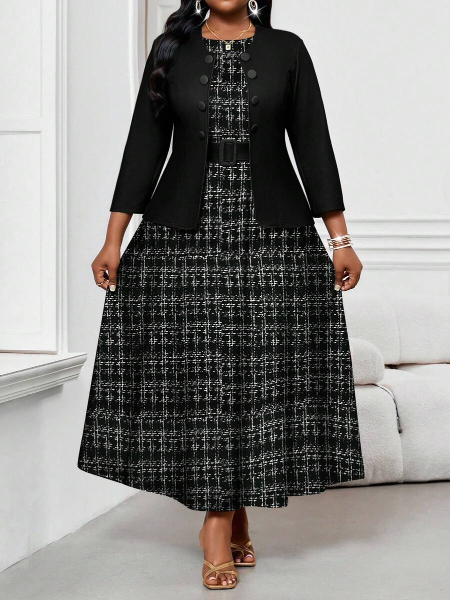 SHEIN Lady New Year Elegant Thanksgiving New Year Black Plus Size Women Elegant Plaid Print Sleeveless Buckle Belted Dress And Jacket 2 Piece Set