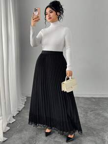 Modelyn 大码女式褶皱蕾丝拼接优雅百搭通勤裙 - 黑色 - 查看 5