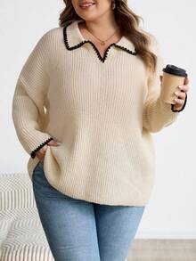 SHEIN CURVE+ 大码休闲撞色狗牙边翻领V领女式套头毛衣秋冬装女士 - 杏色 - 查看 9