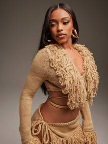 Denimoi Open Front Tie Waist Fringe Detail Cropped Sweater Cardigan - Brown - View 5