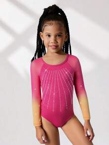 4-Way Stretch High Stretch Young Girls Activewear Bodysuit, Gradient Mesh Long Sleeve Gymnastics Leotard With Rhinestone Decor, Suitable For Fitness, Outdoor Sports, Dance, Yoga, Gymnastics