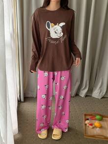 DAZY Cartoon Muster Locker Sitzende T-Shirt Top & Pyjama Hose 2 Stücke Schlafanzug Set für Frauen