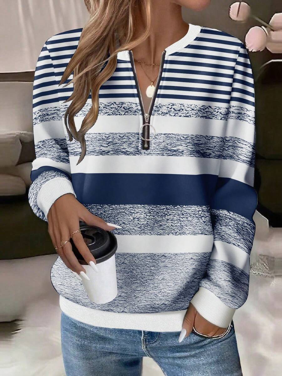 EMERY ROSE Textured Striped Print Zip-Up Round Neck Plus Size Women Sweatshirt - Multicolor - View 1