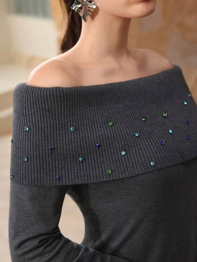 Modelyn Colorful Rhinestone Off Shoulder Women Sweater Dress