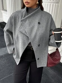 Easura 大码女式休闲新款复古硬币翻领单排扣高领灰色羊毛混纺粗花呢夹克，秋冬