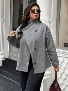 Easura 大码女式休闲新款复古硬币翻领单排扣高领灰色羊毛混纺粗花呢夹克，秋冬