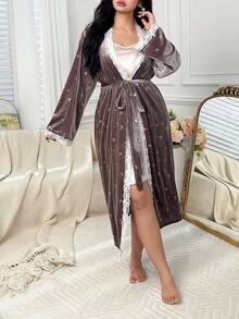 Dazy Plus Plus Size Women Elegant Velvet & Contrast Lace Long Tie-Waist Robe, Thick Warm Sleepwear For Autumn/Winter