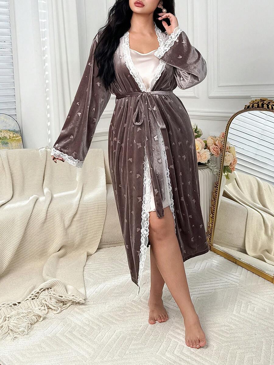 Dazy Plus Plus Size Women Elegant Velvet & Contrast Lace Long Tie-Waist Robe, Thick Warm Sleepwear For Autumn/Winter