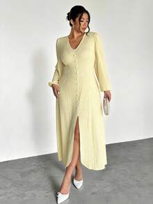 Firerie 大码优雅度假V领泡泡下摆松紧腰长袖开衩下摆女士休闲连衣裙，秋冬 - 黃色 - 查看 7