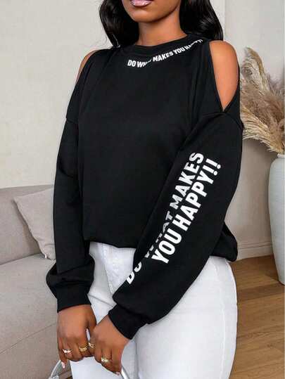SHEIN PETITE Women's Casual Slogan Print Cold Shoulder Long Sleeve Loose Sweatshirt For Autumn & Winter Graduation,Back To School,Graduation,Teacher,Back To School Pullover Fall