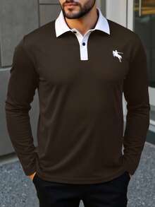 Manfinity Homme Kemeja Polo Lengan Panjang Kerah Kontras Kasual Pria Ukuran Besar, Musim Gugur - Coffee Brown - View 3