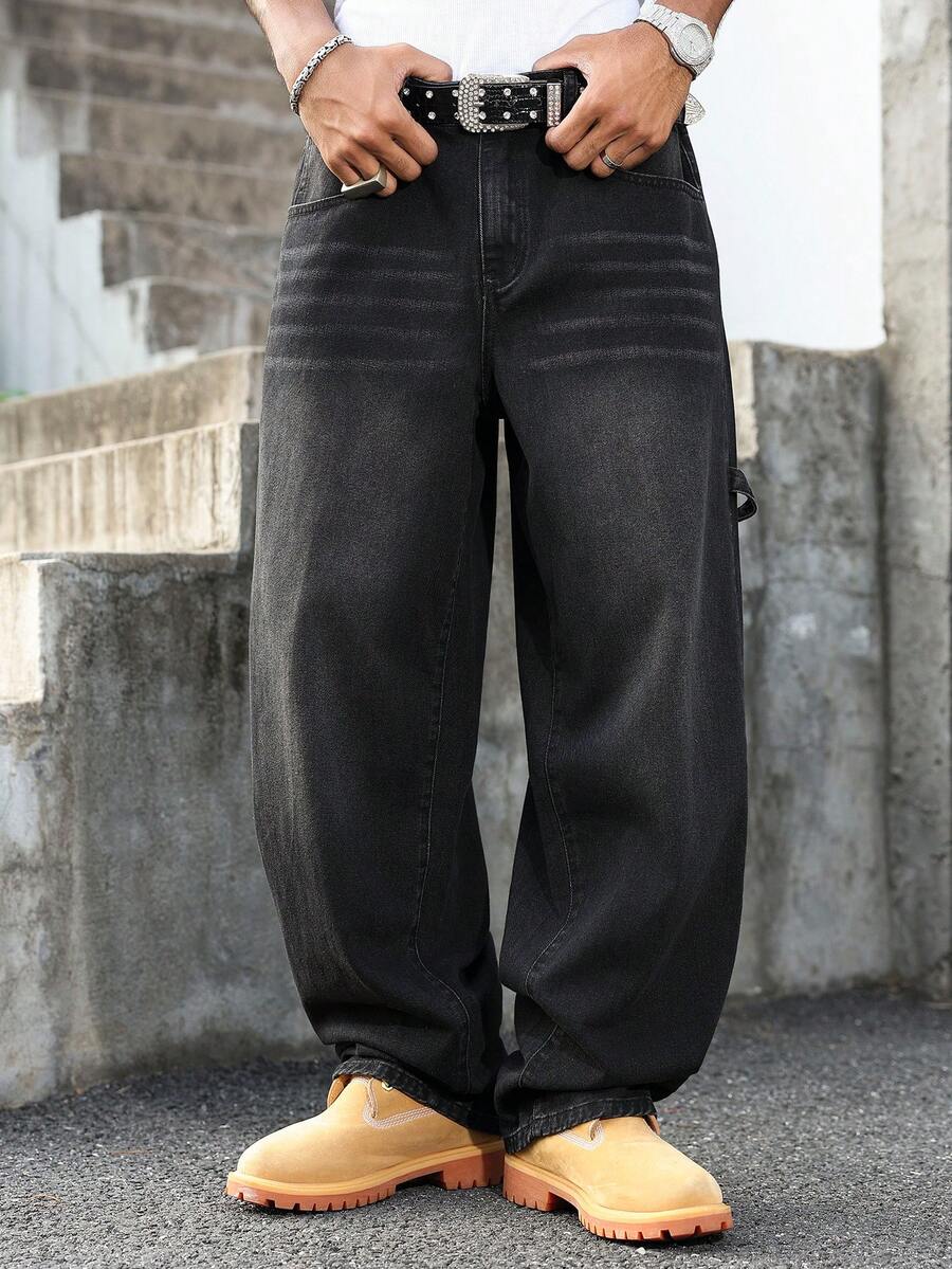 Manfinity ZONE917 Men's Loose Fit Embroidered Design Black Wide Leg Jeans, Versatile For All Seasons Streetwear Men Pants - Black - View 1