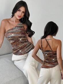 Firerie 女士休闲优雅日常通勤时尚派对都市时尚返校季不对称下摆亮片纹理面料无袖上衣，秋冬 - 棕色 - 查看 8